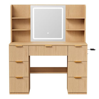 LIVELYGLOW 43" Large Natural Wood Makeup Vanity Desk with Charging Station | Fluted Design, Smart LED Mirror, Hairdryer Holder, 7 Drawers - color: Wooden/Fluted