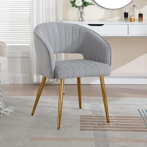 Velvet Home Office Desk Vanity Chair, No Wheels, Gold Legs, Grey | Modern Accent Chair with Stylish Stripe Design, Spacious‌ Soft Seat for Girls & Women Bedroom Makeup or Nail Table - color: Grey Velvet, No Wheels