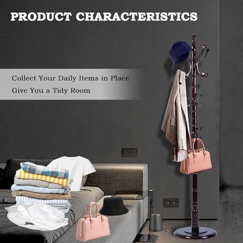 Coat Racks FreeStanding with 14 Hooks, Natural Wood Coat Rack with Solid Round Base, Adjustable Height Coat Racks, Easy Assembly for Hallway, Bedroom and Office (Rosewood Ruyi Hook) - color: Rosewood Ruyi Hook