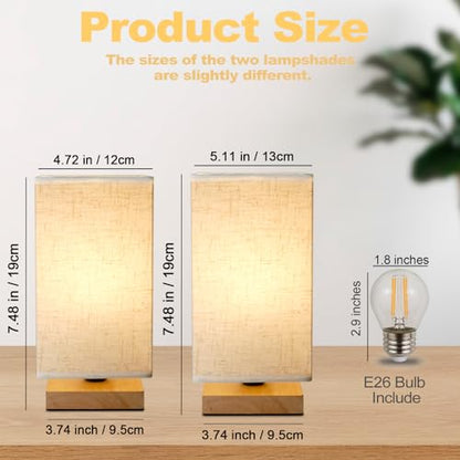 Small Square Bedside Table Lamp for Bedroom set of 2,Minimalist Wood Base & Round Fabric Shade,Mini Cute Cozy Warm Nightstand Boho Lamp, Study Desk Night Stand Light for Room,Dorm,Nursery,Living Room - size: Square - Set of 2