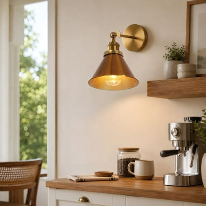 Fandian Brass Gold Classic Industrial Metal Adjustable Arm LED Wall Sconce for Bedside Reading, Farmhouse Swing Arm Wall Lamp with Metal Shade, Hardwired