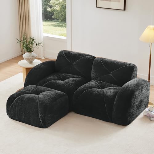 Black Loveseat Sectional Couches for Living Room, Velvet Fabric Boneless Couch, No Assembly Cloud Modular Sectional Sofa Love Seat with 1 Ottoman, Foam Couch Compressed Sofa Set, Sofas para Sala - color: Black, size: 2 Seater + 1 Ottoman