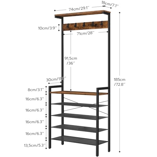 HOOBRO Hall Tree with Bench, Coat Rack with Shoe Storage, Shoe and Coat Rack, 5-Tier Entryway Shoe Storage, 5 Hooks, for 12-16 Pairs, Industrial, Hallway, Foyer, Mudroom, Rustic Brown BF74MT01