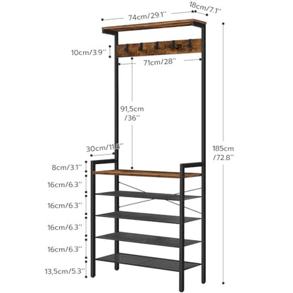 HOOBRO Hall Tree with Bench, Coat Rack with Shoe Storage, Shoe and Coat Rack, 5-Tier Entryway Shoe Storage, 5 Hooks, for 12-16 Pairs, Industrial, Hallway, Foyer, Mudroom, Rustic Brown BF74MT01