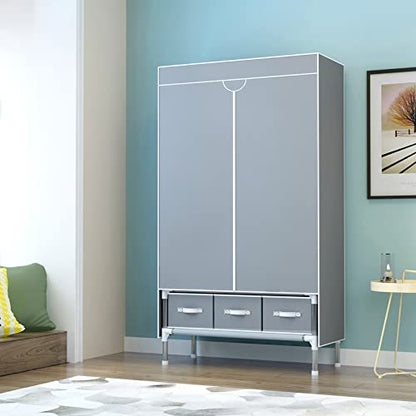 Portable Clothes Closet Rolling Door Wardrobe with Hanging Rack Non-Woven Fabric Storage Organizer with Three Drawer Boxes No-Tool Assembly - 35.4 x 17.7 x 67.0 ‘’ (Gray)