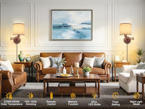 GOODATE Plug in Wall Sconces with Remote Control, Dimming & Adjustable Colors 2700K-6500K, Hardwire or Plug-in, Swing Arm Wall Lamp, Wall Sconces Set of Two, Linen Fabric Shade, Walnut Finish - color: Walnut & Linen