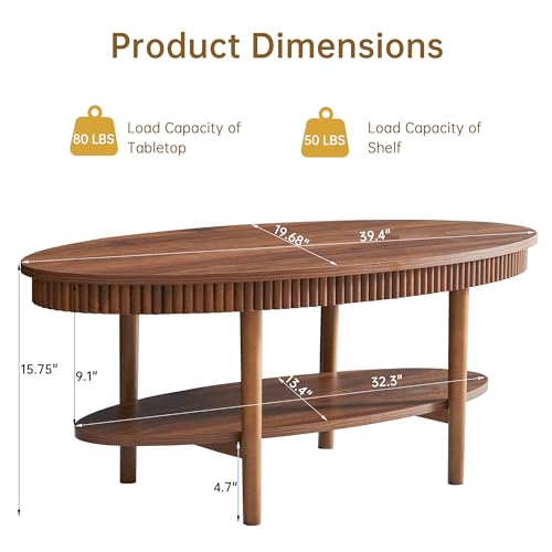 Turtle&Myrtle Oval Coffee Table, Mid-Century Modern Fluted Coffee Tables with 2-Tier Storage Shelf, 39.4" Wood Small Center Table for Living Room, Office, Easy Assembly, Walnut Brown