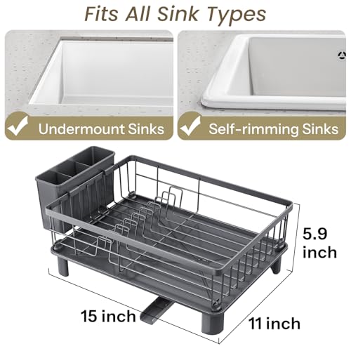 SNTD Dish Drying Rack for Small Kitchen Counter, 11" W x 15" L, Grey | Space Saving, Rotating Spout & Angled Drainboard for Quick Drainage, Stainless Steel, Removable Utensil Holder - color: Gray, size: 11" W x 15" L