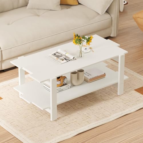 Giantex Coffee Table with Storage, 45 Inch Modern Center Table with Slatted Design & Side Rail Support, Rectangular Living Room Table for Small Spaces, White - color: White