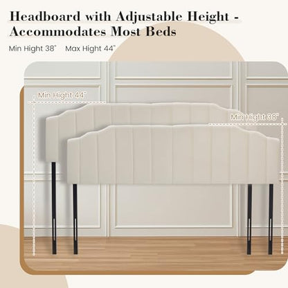 Upholstered Headboard Adjustable Height Queen/King Headboard Cream Velvet Tufted Modern Vertical Channel Design with Stepped Silhouette Top Edge(Beige Twin) - color: Beige, size: Twin