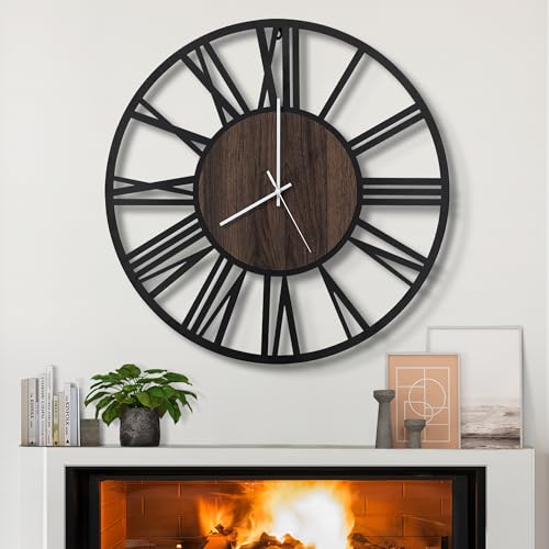 LEIKE Large Wall Clocks,Silent,Non Ticking,Battery Operated Big Retro Round Modern Wood Wall Clock for Living Room, Bedroom,Dinning Room,Farmhouse,Office,Home Decor-20 Inch(Black-Roman Numerals) - color: Black Wood-roman Number, size: 20 IN