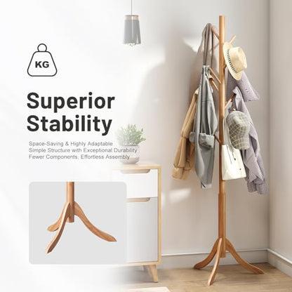 kiplant Coat Rack Freestanding, Bamboo Wood Coat Stand with 8 Hooks,3 Adjustable Size,Easy Assembly NO Tools Required, Coat Tree Hanger Stand for CoatsScarves in Hallway - color: Nature