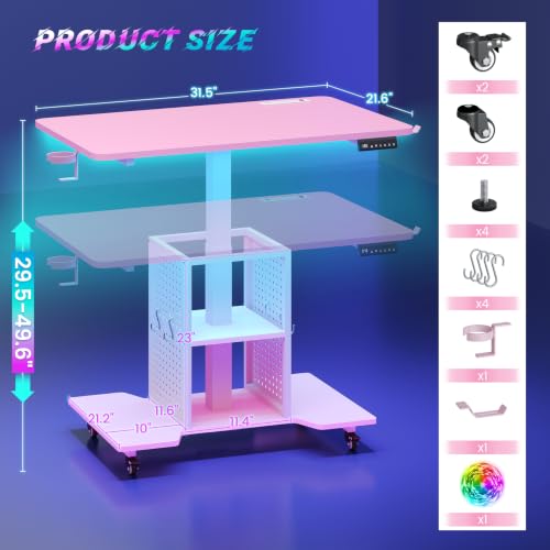 SEDETA Small Standing Gaming Desk, 31.5" Rolling Computer PC Desk Electric Height Adjustable with Power Outlet, Pegboard & Storage Shelves, LED Light, for Small Spaces/Bedroom/Gaming/Girl Room, Pink - color: Pink