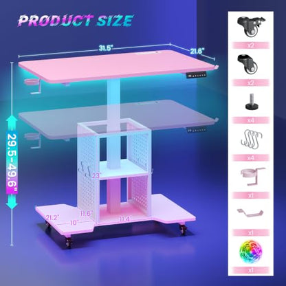 SEDETA Small Standing Gaming Desk, 31.5" Rolling Computer PC Desk Electric Height Adjustable with Power Outlet, Pegboard & Storage Shelves, LED Light, for Small Spaces/Bedroom/Gaming/Girl Room, Pink - color: Pink