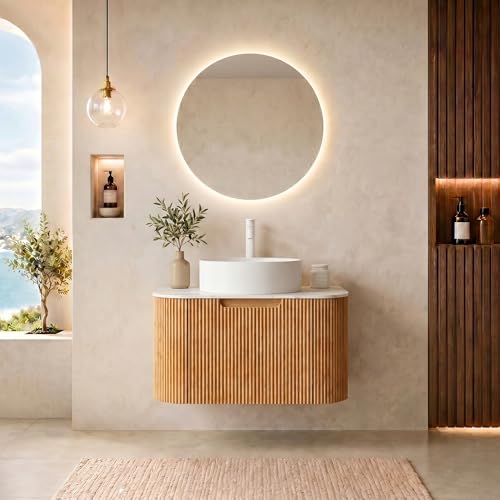 24” Floating Bathroom Vanity with Sink, Fluted Wall-Mounted Solid Wood Cabinet, White Ceramic Round Basin, Faux Marble Top, Soft-Close Drawer, Pre-Assembled, Natural Woodgrain - color: 02 - Natural Woodgrain, size: 24"