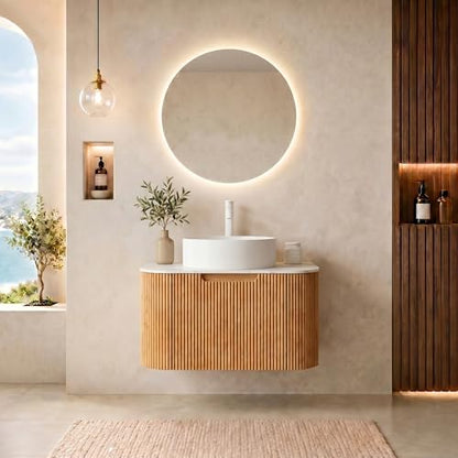 24” Floating Bathroom Vanity with Sink, Fluted Wall-Mounted Solid Wood Cabinet, White Ceramic Round Basin, Faux Marble Top, Soft-Close Drawer, Pre-Assembled, Natural Woodgrain - color: 02 - Natural Woodgrain, size: 24"