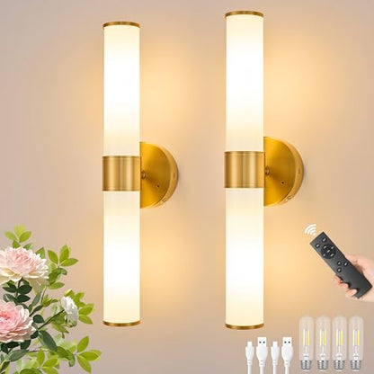 Morauroral Gold Battery Operated Wall Sconces Set of 2, Rechargeable Wall Lights with Remote Control, 20 Inch Modern Wireless Wall Lamp for Bedroom, Living Room (Bulbs Included) - color: Gold（White Glass）