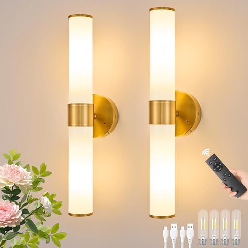 Morauroral Gold Battery Operated Wall Sconces Set of 2, Rechargeable Wall Lights with Remote Control, 20 Inch Modern Wireless Wall Lamp for Bedroom, Living Room (Bulbs Included) - color: Gold（White Glass）