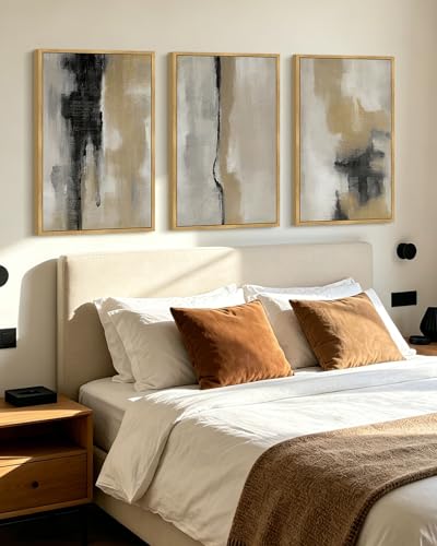 KUVIOKE Black Gray Abstract Framed Wall Art Neutral Wall Decor Minimalist Modern Illustrations Art Print for Living Room Bedroom 16x24in (Natural Framed) - color: Black Gray Abstract, size: 16 x 24in x 3 Panels Natural