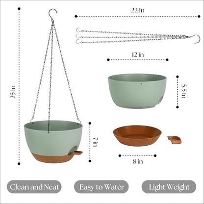 TYMENSH Hanging Plant Pots 12 Inch Set of 2, Self Watering Hanging Planters with Drainage Holes, Removable Saucer, Durable Plastic Flower Pots with Chains for Indoor Outdoor Plants, Green - color: Green