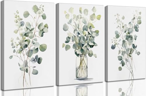 HOMTAI 3Pcs Botanical Canvas Wall Art 16x24Inch | Sage Green Eucalyptus Leaves Painting Picture Wall Decor Plant Watercolor Poster Print Artwork for Bedroom Bathroom - color: Canvas, size: 24L" x 16W"
