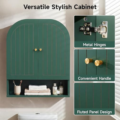 Arched Wall Mounted Medicine Cabinet, 23.5" Bathroom Cabinet with Double Doors, Fluted Grooved Design & Soft-Close Hinges, Over the Toilet Storage with Adjustable Shelf for Small Spaces (Green)