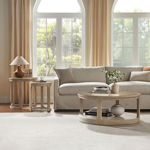 24" Round Nesting Coffee Table Set of 2, Solid Wood Coffee Tables Mid Century Rustic Farmhouse Side End Tea Table for Living Room, Apartment (Light Brown) - color: 24" Light Brown