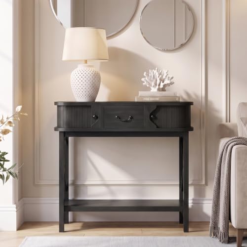 39'' Narrow Console Table, 2-Tier entryway Sofa Table, Black | Narrow Console Table with Drawer & Cabinets; Sturdy X-Frame, Slim Wood for Entryway, Hallway, Living Room & Behind Couch - color: Black