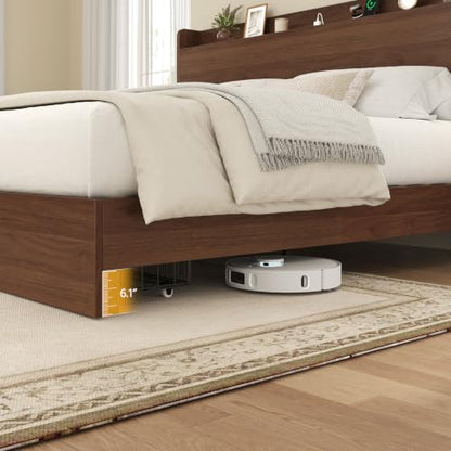 King Size Bed Frame with Storage Headboard & 2 Drawers, Mid-Century Modern Platform Bed with Charging Station & Shelf, Wooden Slat Support, No Box Spring Needed (King (U.S. Standard)) - size: King (U.S. Standard)