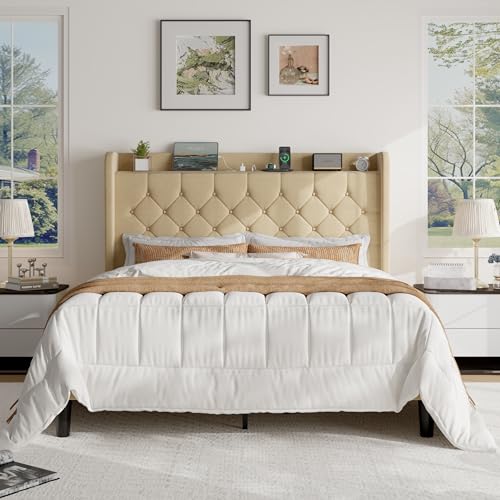 SHA CERLIN Queen Size Platform Bed Frame with Charging Station, Linen Wingback Headboard with Storage Shelf, Wooden Slats Support, Ample Under-Bed Space, No Box Spring Needed, Easy Assembly, Beige - color: Beige, size: Queen