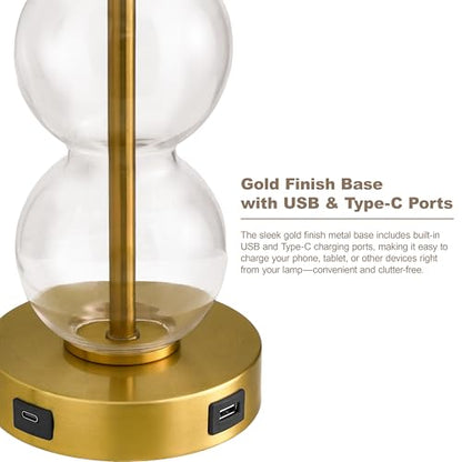 25" Glass Table Lamps Set of 2, Gold Modern Table Lamps with USB Ports for Living Room, Linen Shade Bedside Lamps for Bedroom, Nightstand, Side Table (Bulbs not Included) - color: Gold