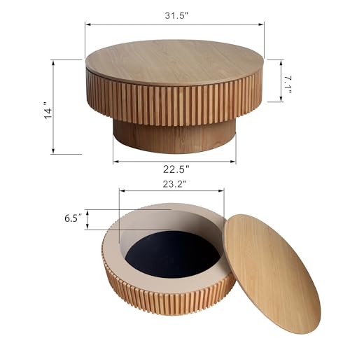 31.5'' Round Coffee Table for Living Room, Solid Wood Veneered Modern Nesting Coffee Tables with Storage, Circle Fluted Drum End Side Accent Tea Table for Apartment Office, Natural Wood - color: Natural Color, size: 31.5"x31.5"x14"