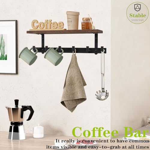 Coat Rack Wall Mounted with Shelf, Heavy Duty Wall Hooks with Wood Shelves Coat Hooks for Hanging Clothes Hats Towel Purse, Entryway Shelves with 6 Hooks for Bathroom (Dark Brown)