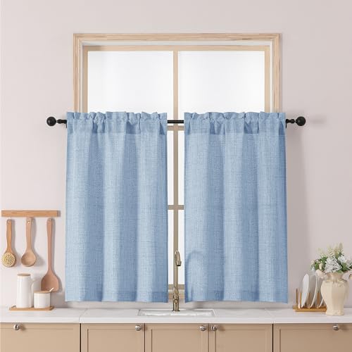 Chyhomenyc Short Curtains 36 Inch Length - Light Filtering Faux Linen Textured Small Kitchen Curtain Over Sink, Half Window Curtain for Cabinet Bathroom Basement Camper, 30Wx36L, 2PCS, Denim Blue - color: Denim Blue, size: 30"W x 36"L (Pack of 2)