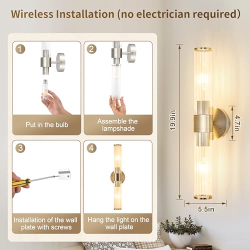 Morauroral Sand Nickel Battery Operated Wall Sconces Set of Two, Rechargeable Wall Sconce with Dimmable Remote Control, 20 Inch Wireless Sconce Wall Light for Bedroom, Living Room (Bulbs Included) - color: Sand Nickel