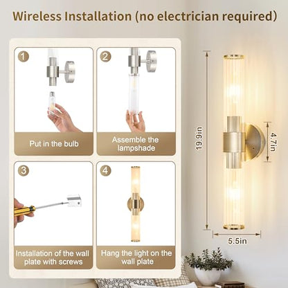 Morauroral Sand Nickel Battery Operated Wall Sconces Set of Two, Rechargeable Wall Sconce with Dimmable Remote Control, 20 Inch Wireless Sconce Wall Light for Bedroom, Living Room (Bulbs Included) - color: Sand Nickel