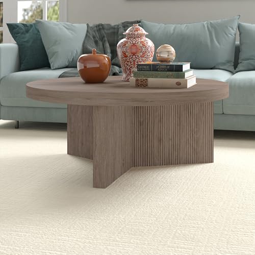 Henn&Hart 36" Scandinavian Fluted Coffee Table, Weathered Gray | Ribbed pedestal base and low profile bring Scandinavian style to small spaces including living rooms or family rooms - color: Weathered Gray, size: 36 inches