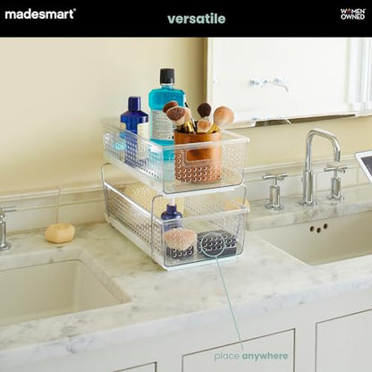 madesmart Premium Two Tier Organizer, Clear | pull out bins, adjustable dividers, tiered access, cleaning supplies, under sink use, pantry bottles, woman owned - color: Clear, size: 1-Pack