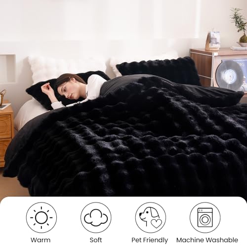 Fluffy Black Duvet Cover Twin Set, Soft Shaggy Plush Rabbit Bedding Set 2 Pieces (1 Fuzzy Comforter Cover + 1 Faux Fur Pillow Cases) Zipper Closure（Black, Twin） - color: Black, size: Twin