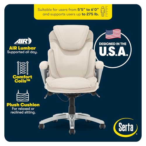 Serta Bryce Executive Office Chair - Ergonomic Computer DeskChair with Lumbar Technology - Adjustable Height - Memory Foam Body Pillows - 360° Swivel Rolling Base - Bonded Leather - Cream - color: Cream White