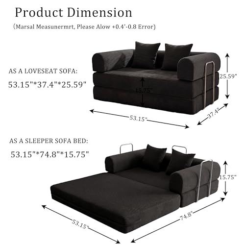 53.15" Boneless Couch,4-in-1 Futon Sofa Bed Modular Loveseat Sleeper Folding Compressed Couch with Pillows,No Assembly Required Convertible Sofa Bed for Living Room Bedroom Guest Room,Black - color: Black, size: 53.15" Loveseat Sofa