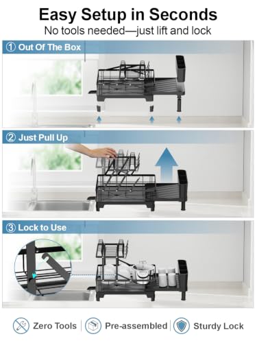 Large Expandable 2 Tier Dish Drying Rack for Kitchen Counter, Black | Extendable Design, 360° Rotating Drain Spout, Stable Screw-Fixed Frame, Rust-Resistant, Cup & Utensil Holder, Tool-Free Setup - color: Black, size: Countertop Expandable (12.6"w X 18.7"