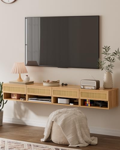 Modern Floating Nightstand with Drawer, Wall Mount Shelves, Oak Rattan | Small Space Saver, Modern Minimalist Design, Wall Mounted Shelves, for Bedroom, Bathroom, Living room, Easy Assembly, Rattan - color: Oak Rattan