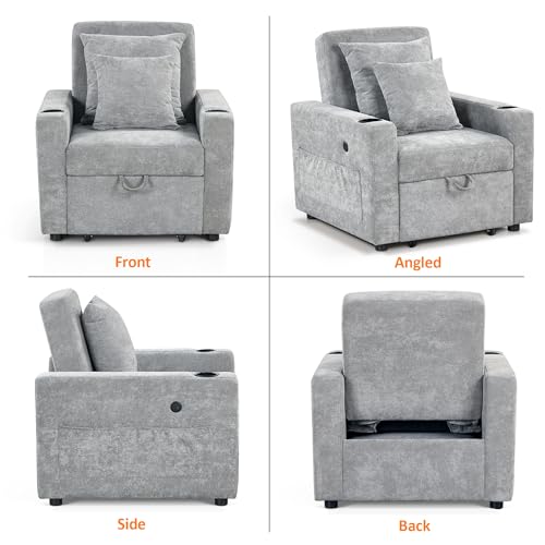 MCombo Convertible Sleeper Chair Bed, 3-in-1 Folding Sofa Chair with Adjustable Backrest, Pull-Out Bed with USB Port, Cup Holders, Linen Fabric, for Small Spaces Living Room Guest Room Office VN6001
