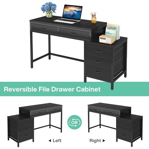 Tribesigns Computer Desk with 5 Drawers, Reversible Home Office Desks | Small Desk with Drawer Cabinet Printer Stand, PC Desk with Storage, Black Study Writing Table Workstation for Small Spaces - color: Black
