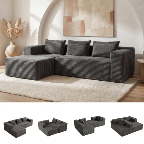 Modular Boneless L-Shaped Couches for Living Room with Side Pockets | Modern Sectional Boneless Corduroy Fluffy Couch Sofa with Deep Seat and Non-Slip Base, No Assembly, Dark Grey - color: Dark Grey, size: L-Shaped