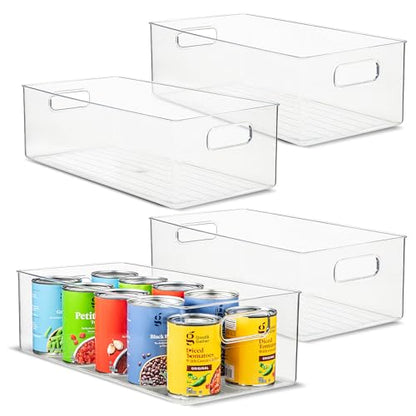 Plastic Food Storage 4 Pack Clear Container Bin with Handles for Organizing Kitchen, Pantry, Refrigerator, Freezer, Pantry, Cabinet, Closet, Bathroom. 14”x8”x5” - size: 14x8x5