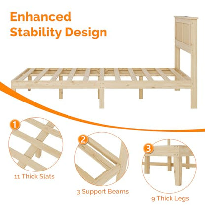 VINGLI Bed Frame Full Size with Rattan Headboard,Boho Platform Bed with Underbed Storage and Charging Ports for Bedroom,Solid Wooden Slats Surpport,Noise-Free,Natural - size: Full
