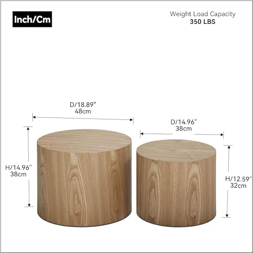 Nesting Coffee Table Set of 2, Modern Round Coffee Table with Non-Slip Feet, Oak Wooden Circle Accent Tables for Small Spaces Living Room Bedroom Balcony Office Drum Side Table - color: Oak
