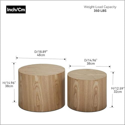 Nesting Coffee Table Set of 2, Modern Round Coffee Table with Non-Slip Feet, Oak Wooden Circle Accent Tables for Small Spaces Living Room Bedroom Balcony Office Drum Side Table - color: Oak